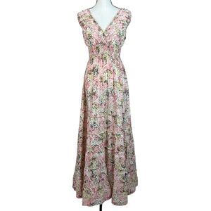 Boho Miami Women's Maxi Dress One Size Paisley Pink Silk Blend Tiered Boho